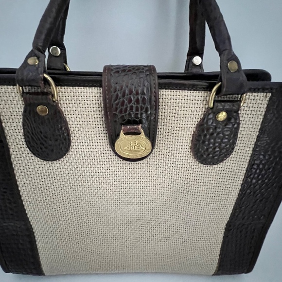 BRAHMIN Harbour Collection Doctor Bag Satchel Brown Burlap/Woven Leather - Picture 2 of 16